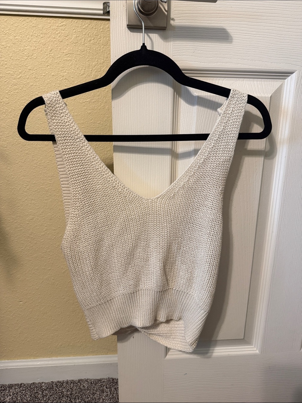 Cream Knit V-Neck Crop Tank Top